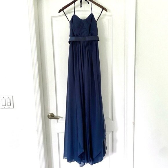 Sorella Vita Dress Ruffle Detail Navy Blue Ruched Halter Tie Evening Maxi Sz 8 - Picture 1 of 6
